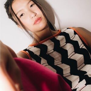 Chevron Knit Sleeveless Top in Black, White & Orange Trim